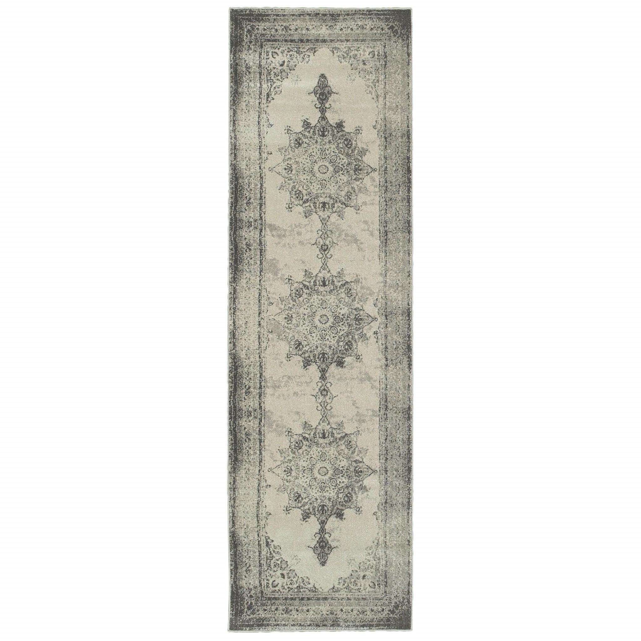 2’x8’ Ivory and Gray Pale Medallion Runner Rug Default Title