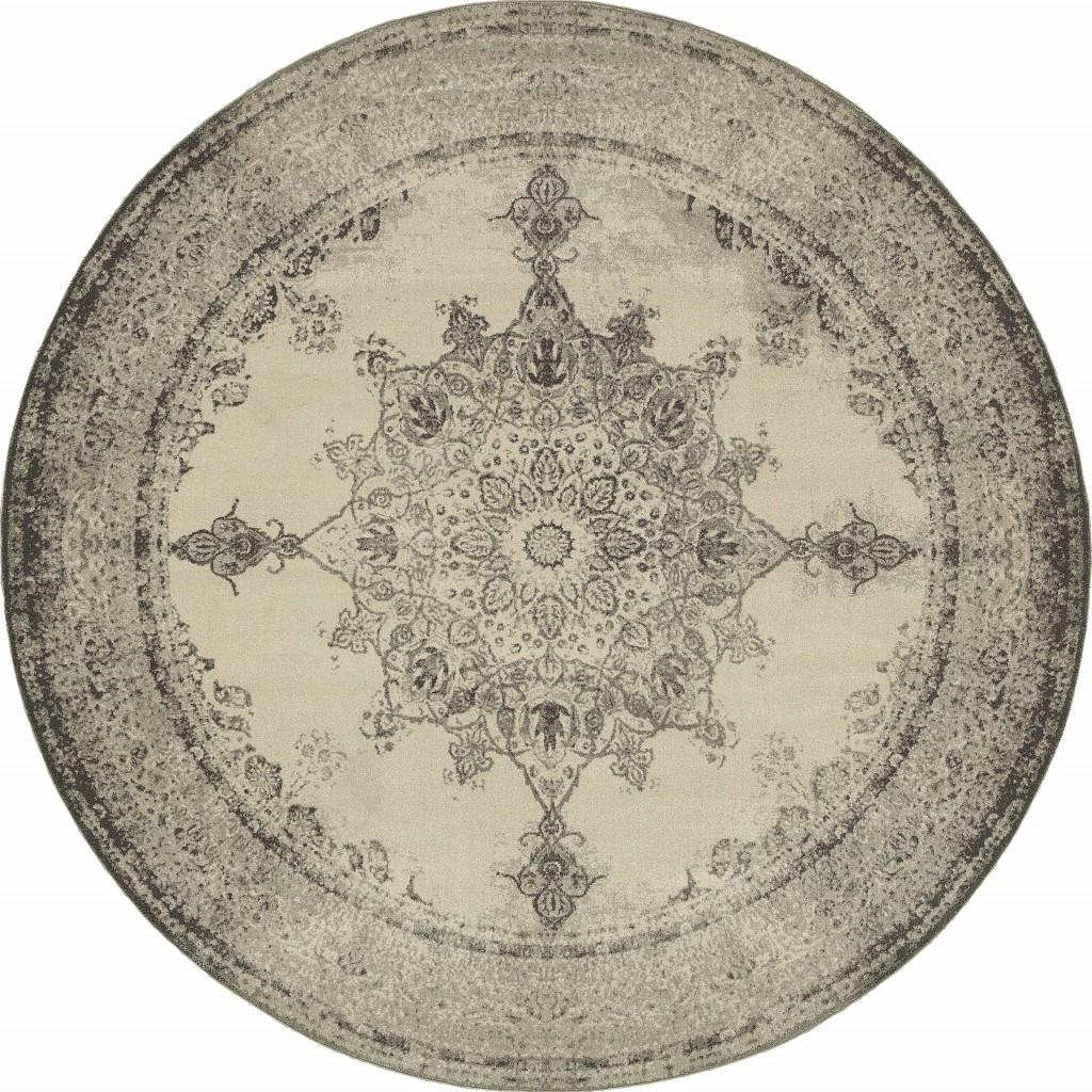 8’ Round Ivory and Gray Pale Medallion Area Rug Default Title