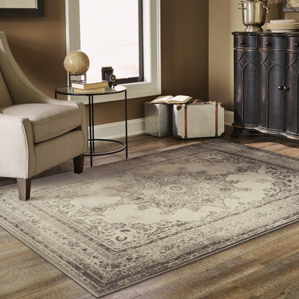 12’x15’ Ivory and Gray Pale Medallion Area Rug