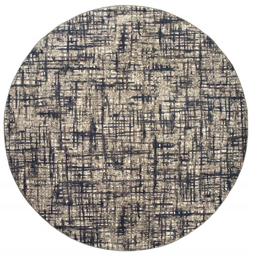 8’ Round Gray and Navy Abstract Area Rug