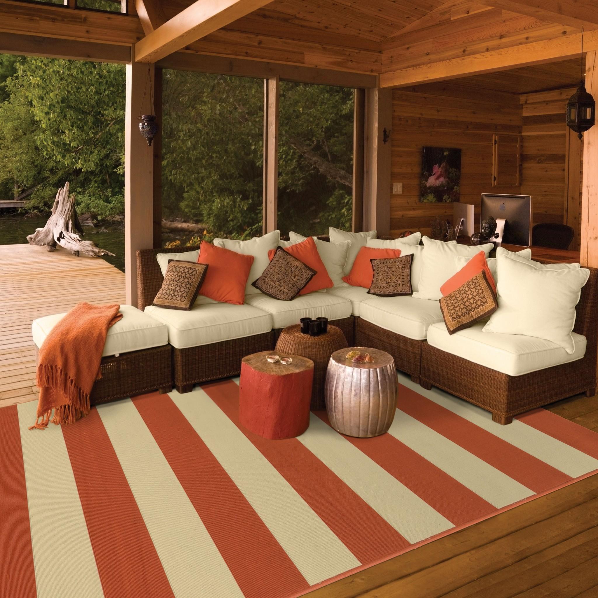 7’x10’ Orange and Ivory Striped Indoor Outdoor Area Rug