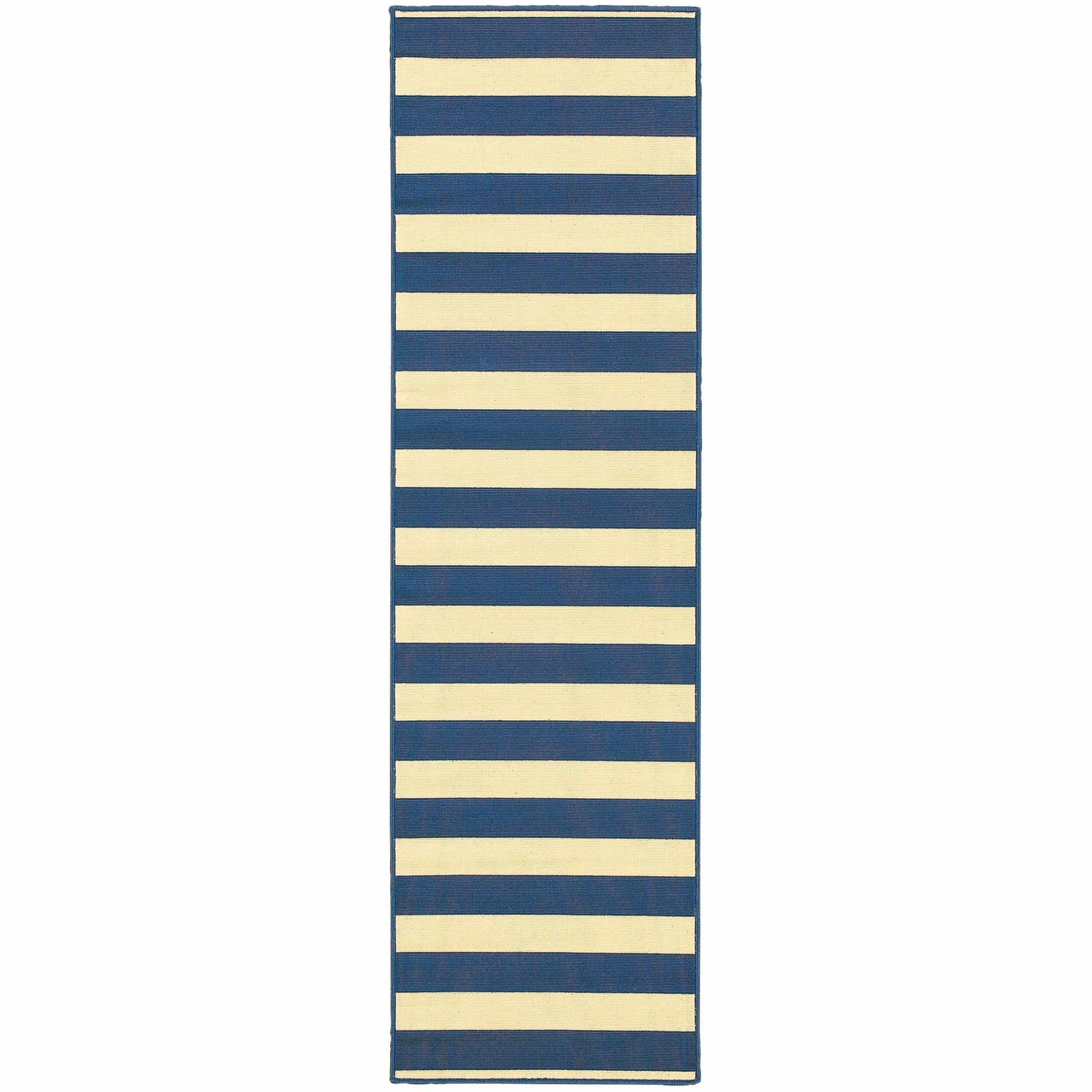 2’x8’ Blue and Ivory Striped Indoor Outdoor Runner Rug