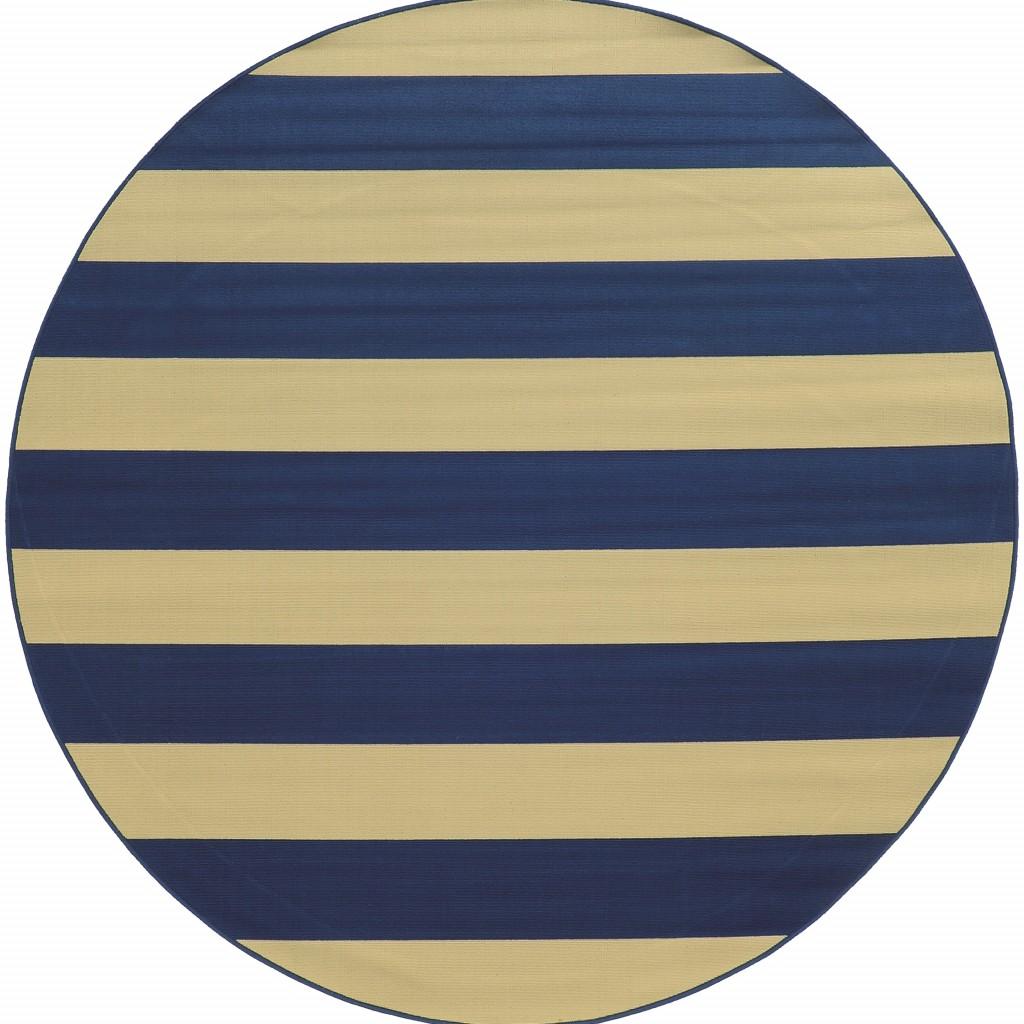 8’ Round Blue and Ivory Striped Indoor Outdoor Area Rug