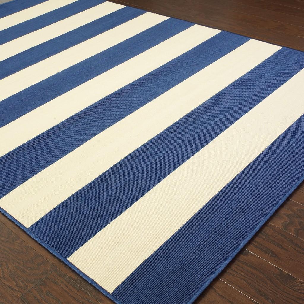 9’x13’ Blue and Ivory Striped Indoor Outdoor Area Rug