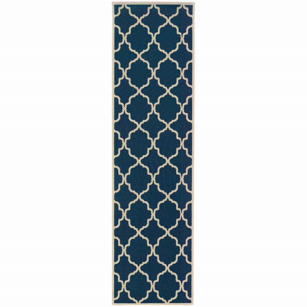 2’x8’ Blue and Ivory Trellis Indoor Outdoor Runner Rug