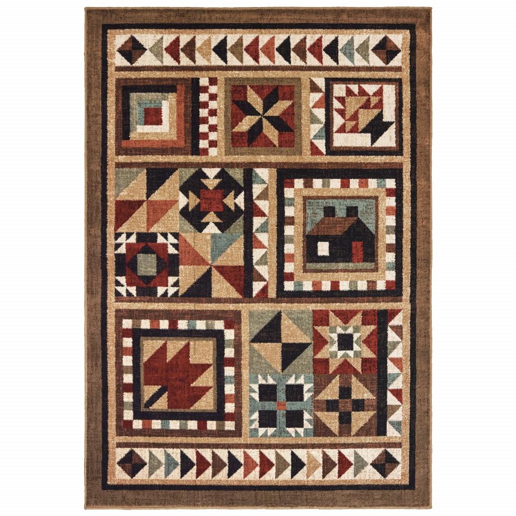 7’x9’ Brown and Red Ikat Patchwork Area Rug Default Title