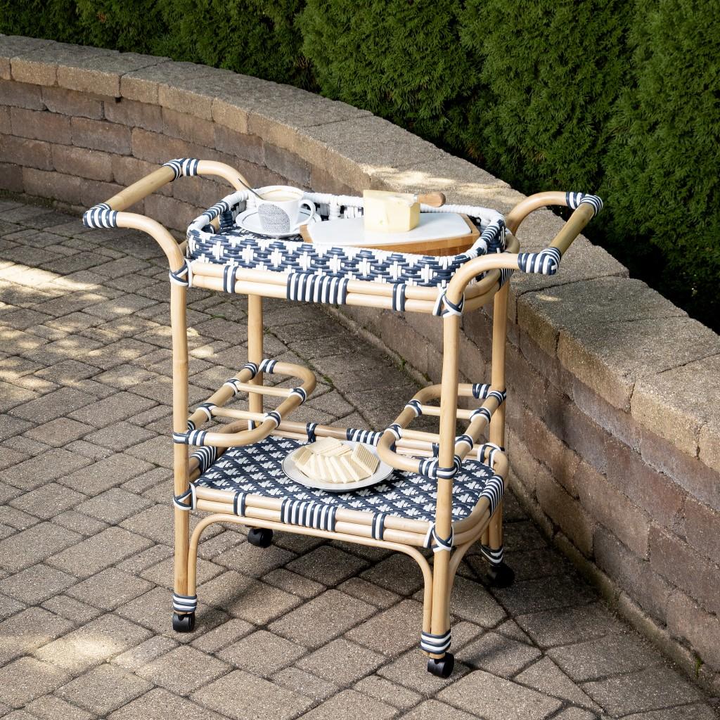 Blue and White Rattan Bar Cart