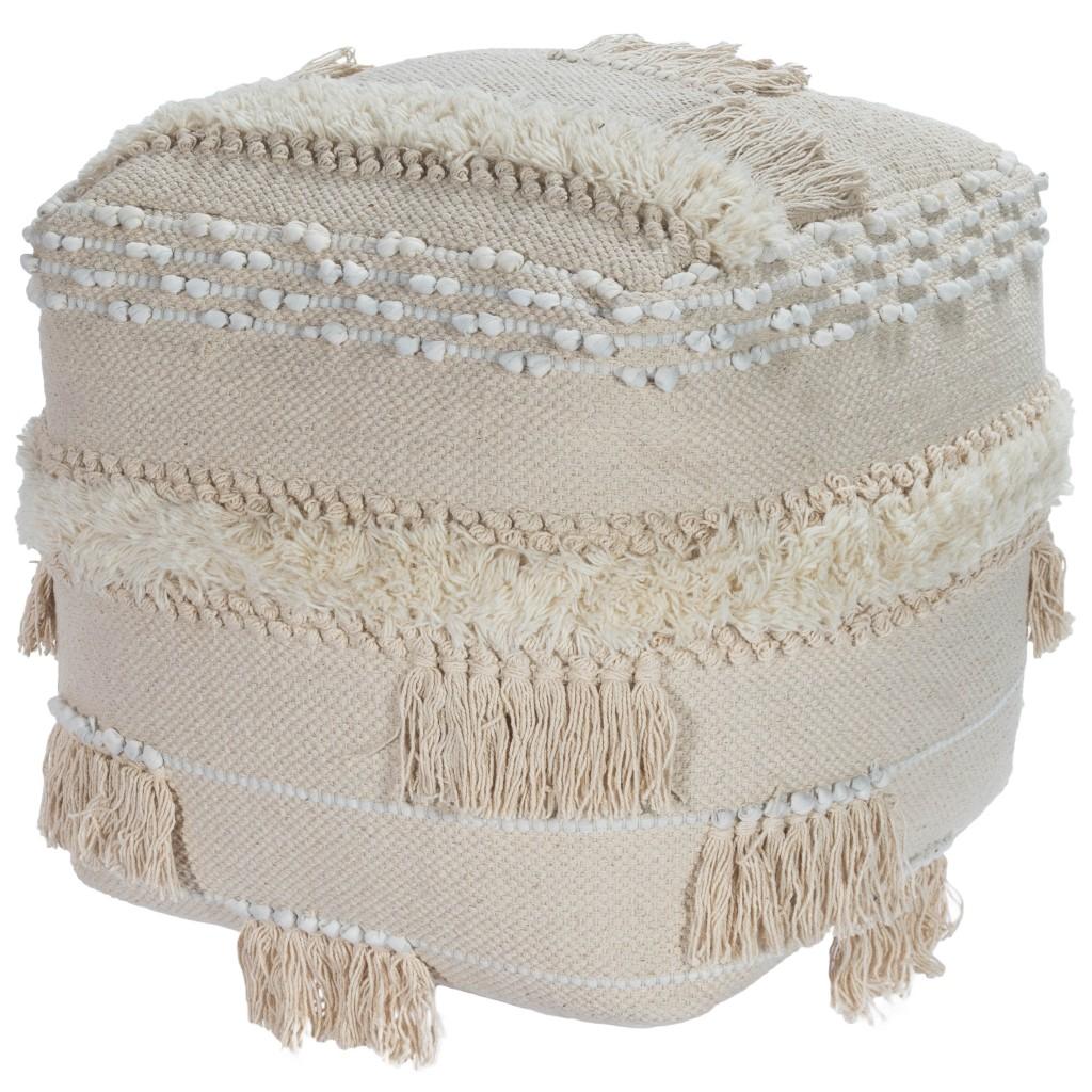 Cream Square Tassel Pouf Ottoman