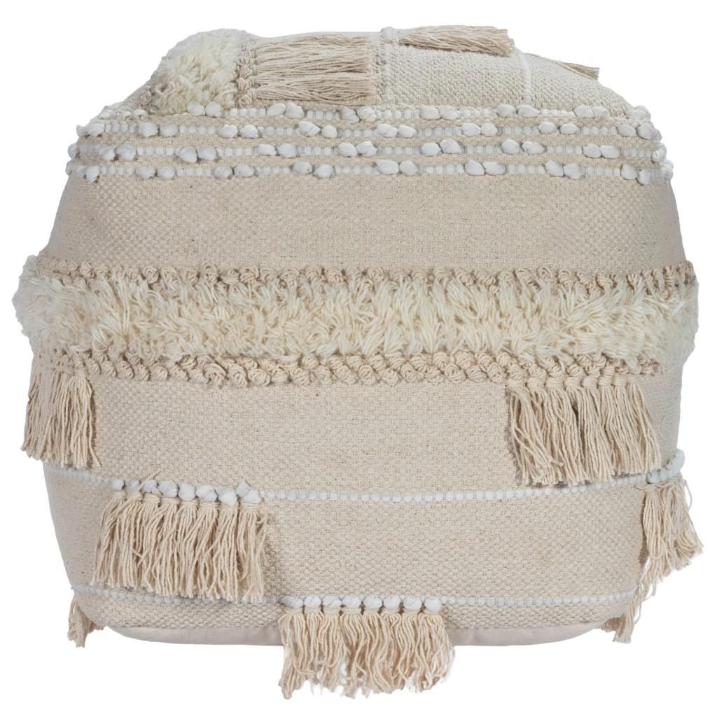 Cream Square Tassel Pouf Ottoman