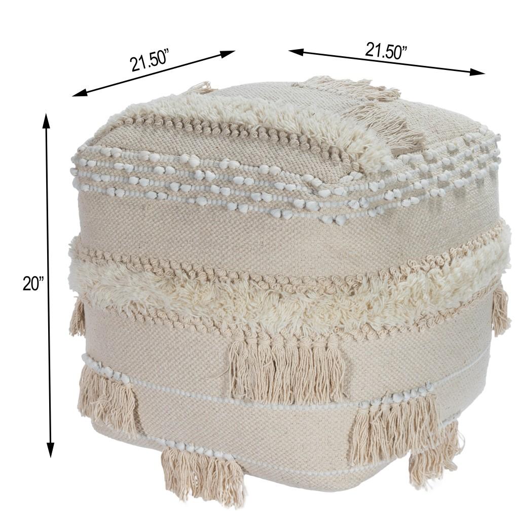 Cream Square Tassel Pouf Ottoman