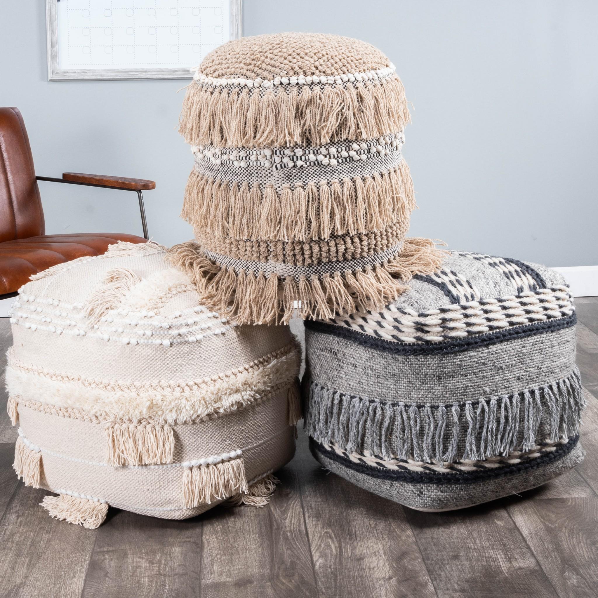 Cream Square Tassel Pouf Ottoman