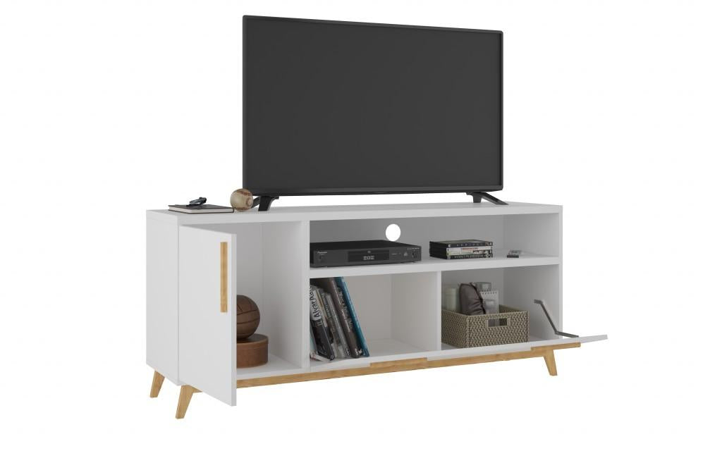 Modern White and Natural Long Door TV Stand