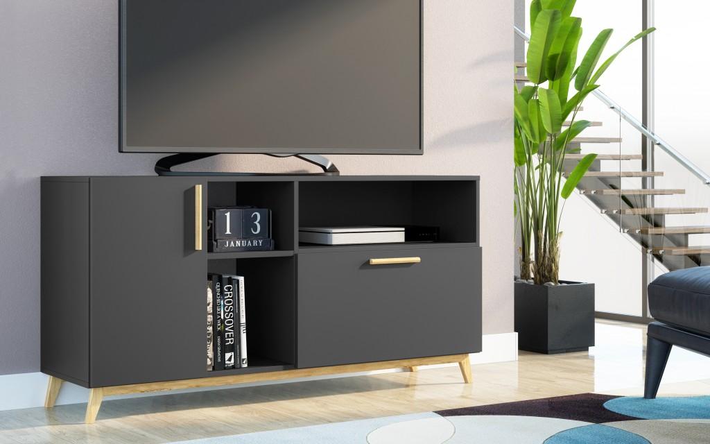 Modern Black and Natural Asymmetrical TV Stand