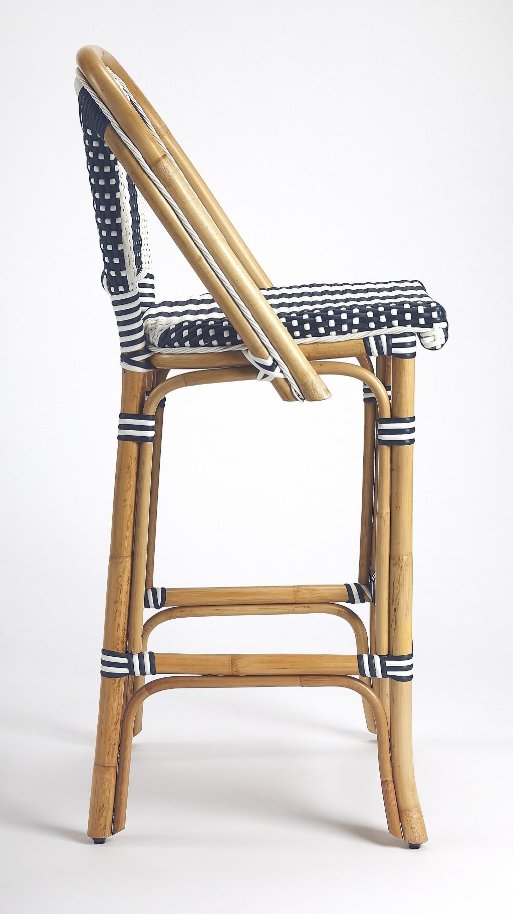 Blue and White Striped Rattan Bar Stool