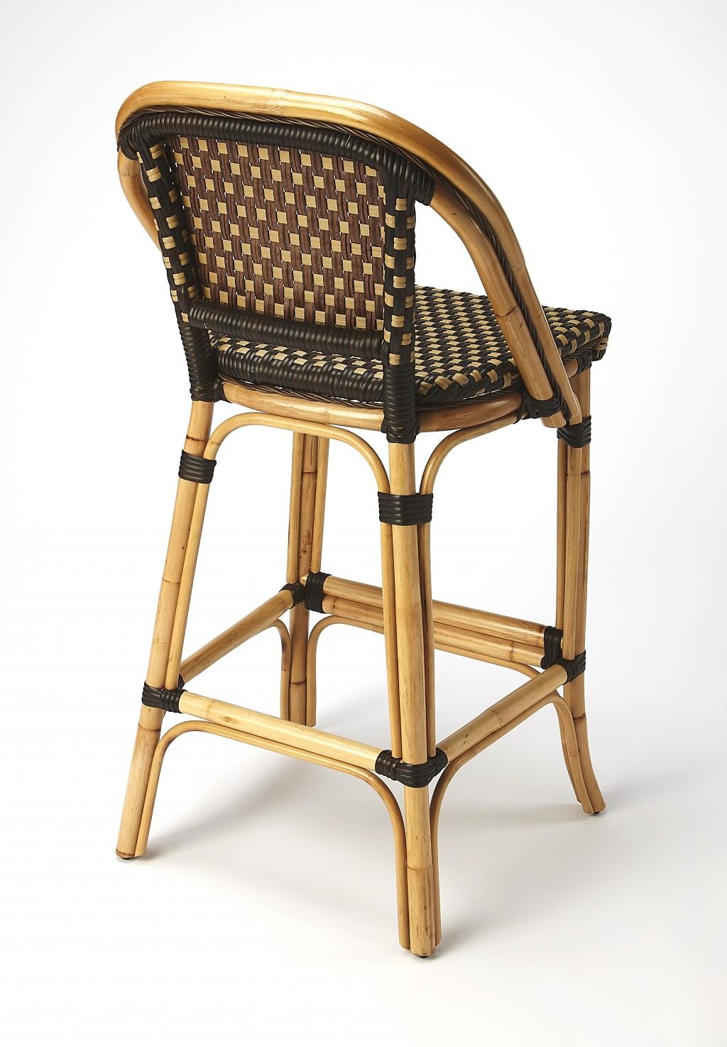 Dark Brown and Beige Rattan Bar Stool