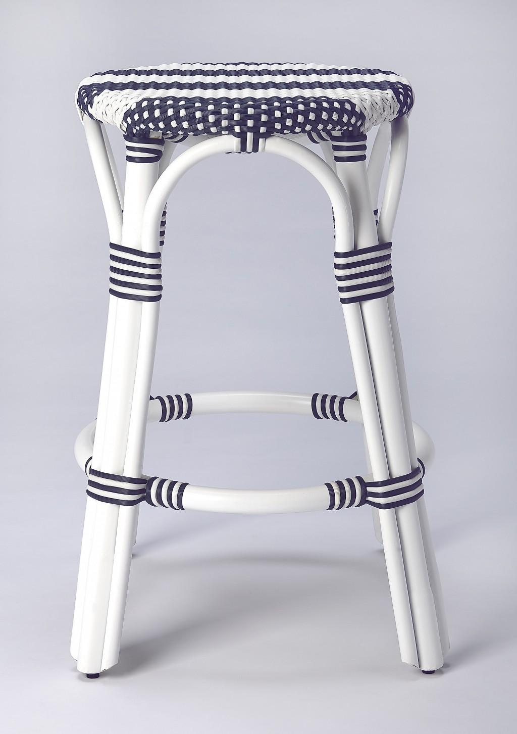 Classic White and Navy Blue Rattan Counter Stool