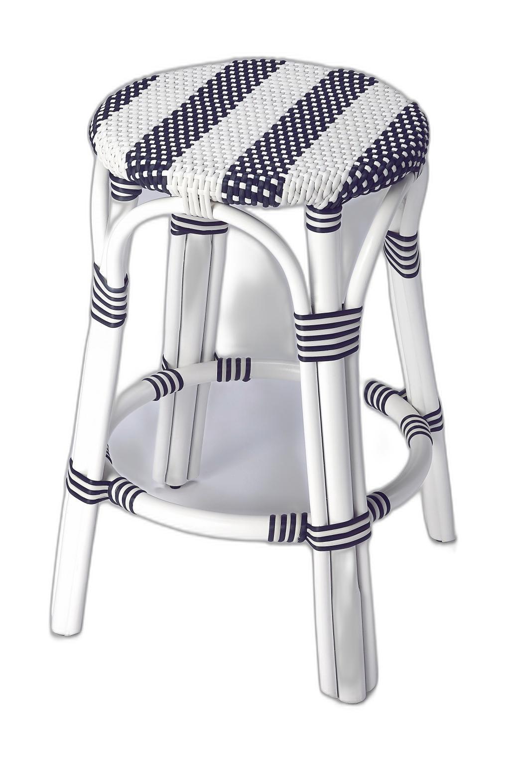 Classic White and Navy Blue Rattan Counter Stool