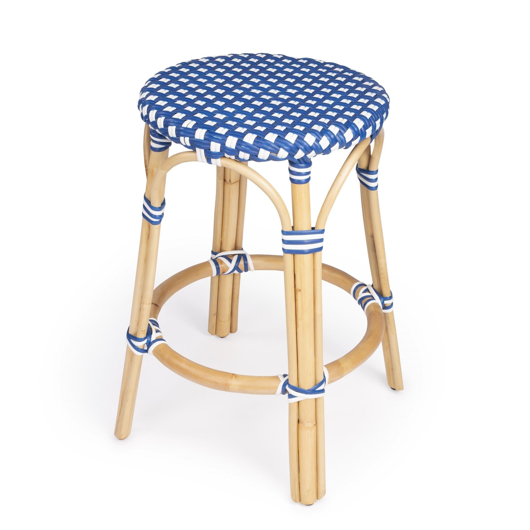 Blue and White Rattan Counter Stool