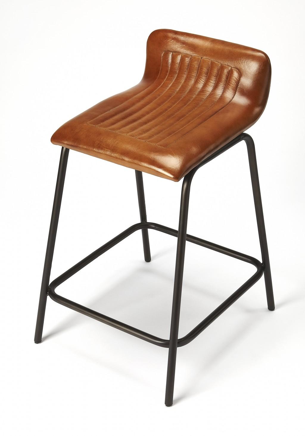 Brown Leather and Metal Counter Stool