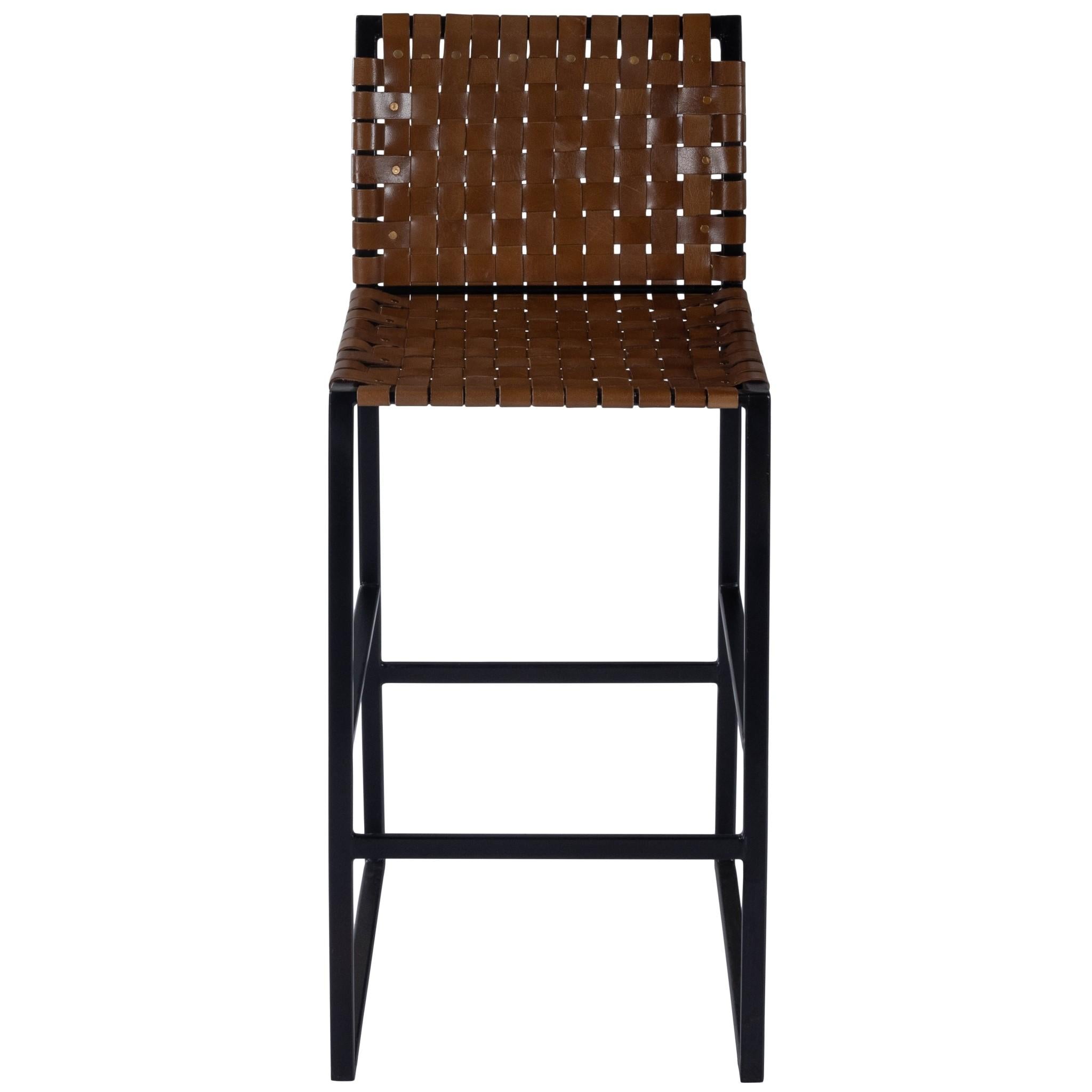 Brown Woven Leather Bar Stool