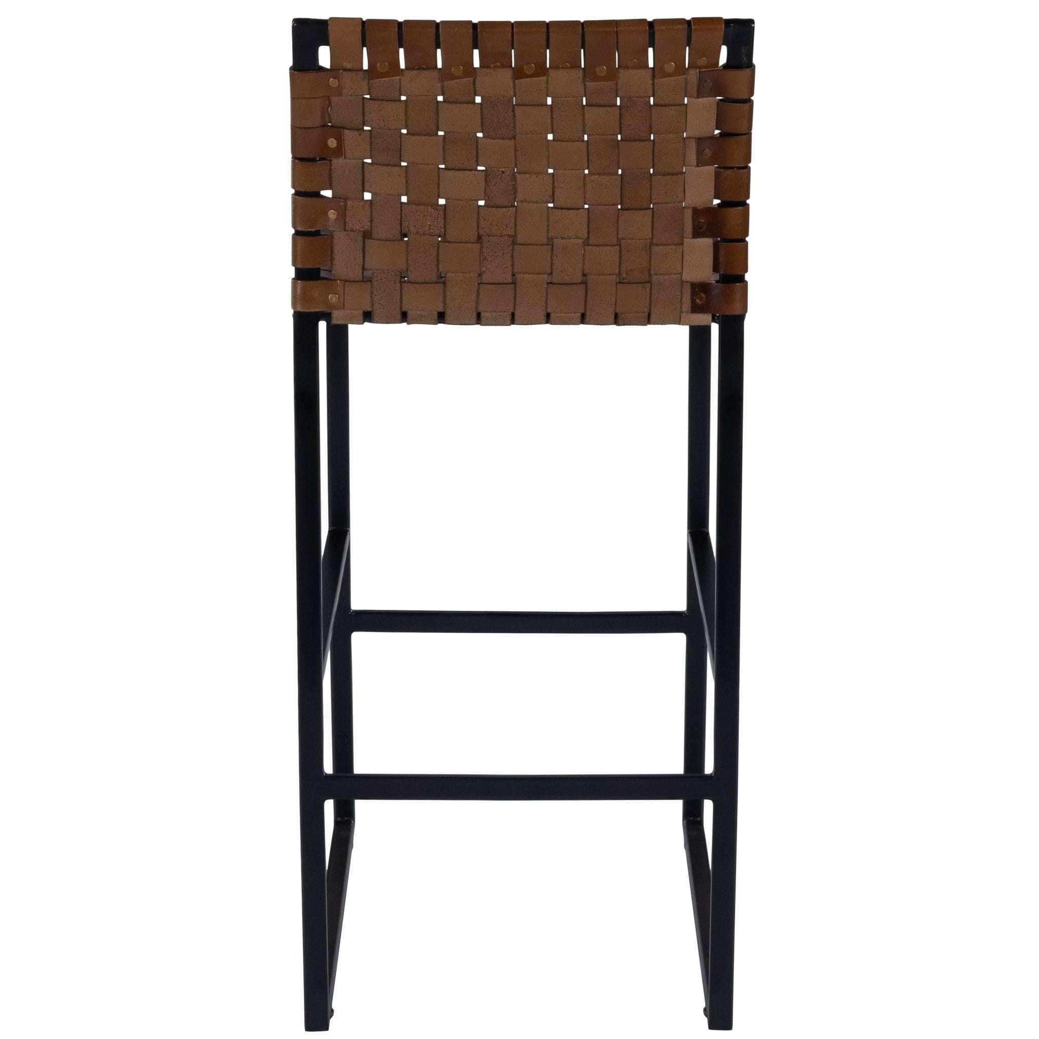 Brown Woven Leather Bar Stool