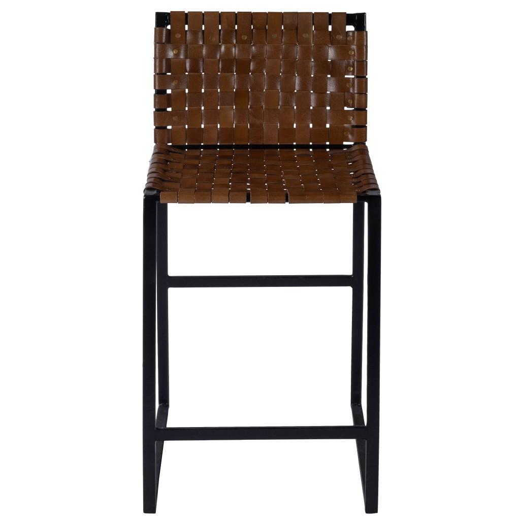 Brown Woven Leather Counter Stool