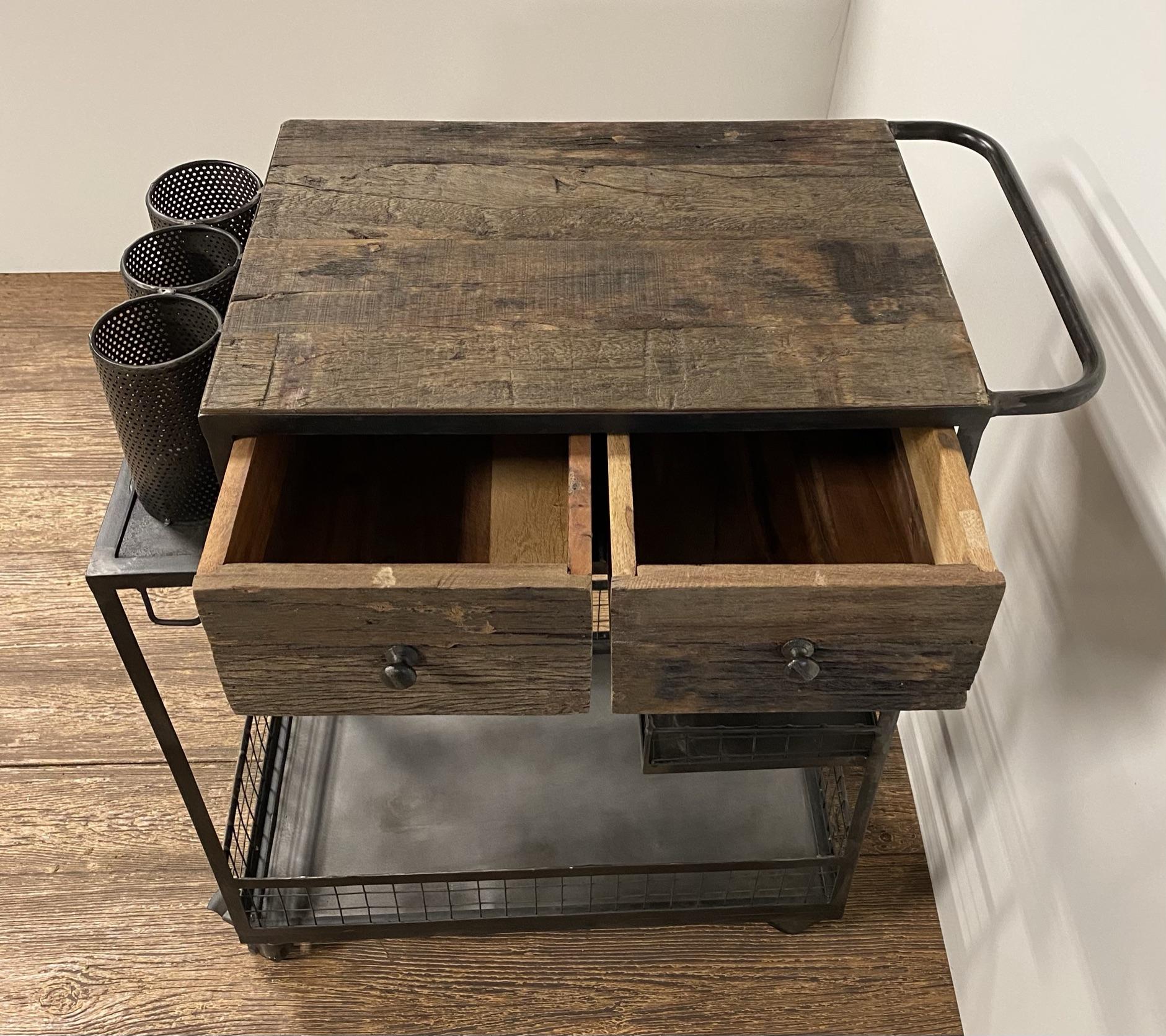 Rolling Rustic Black and Natural Bar Cart