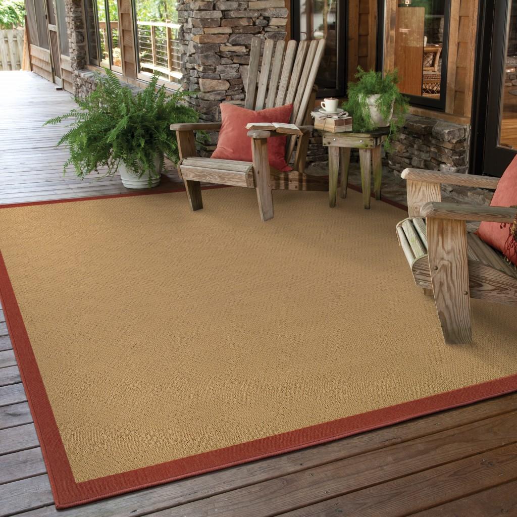 7’x11’ Beige and Red Plain Indoor Outdoor Area Rug