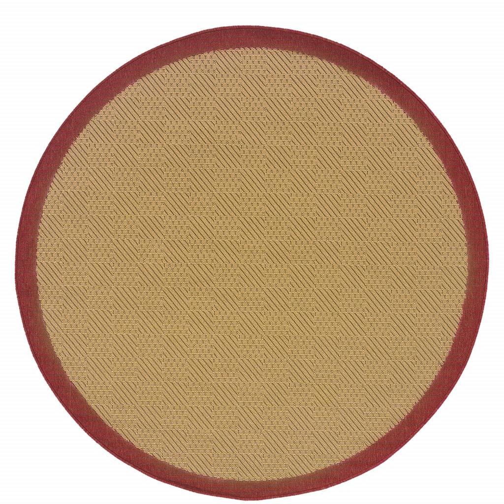 8’ Round Beige and Red Plain Indoor Outdoor Area Rug