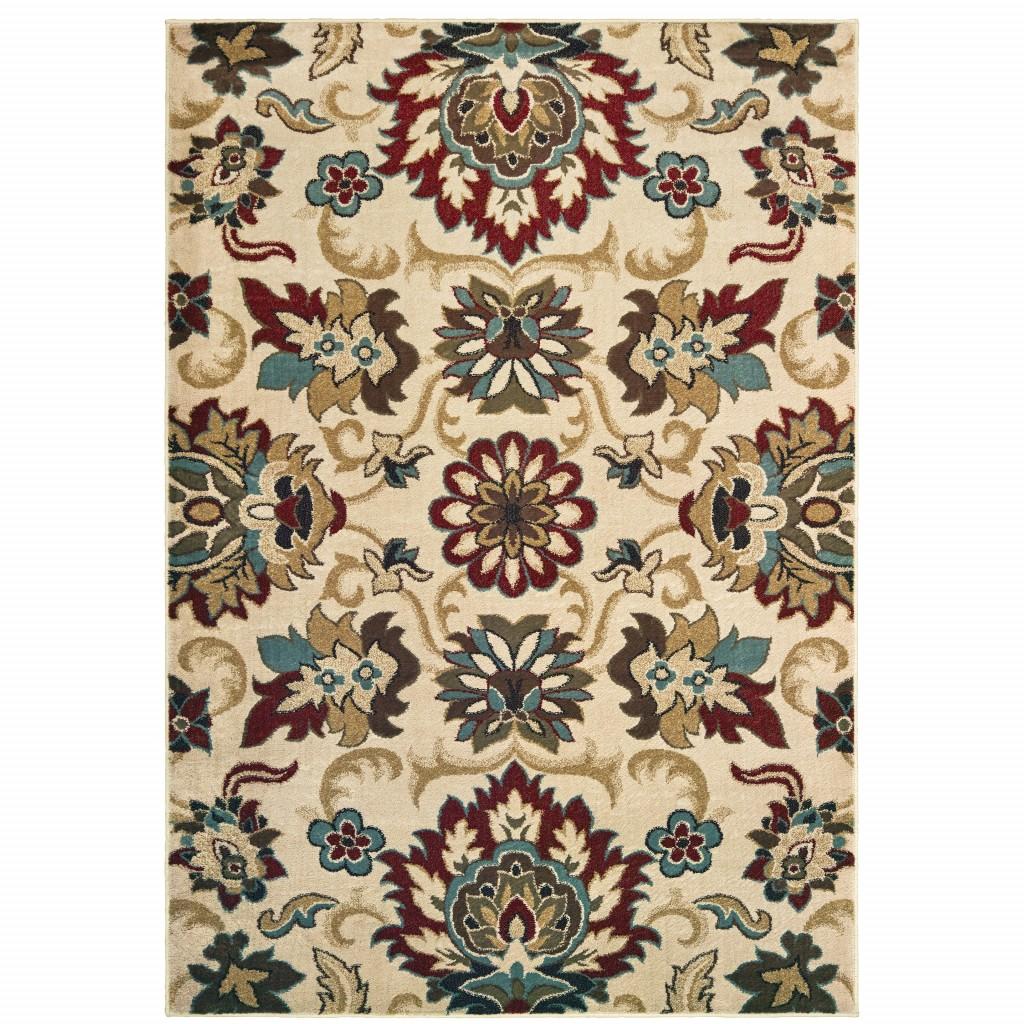 8’x10’ Ivory and Red Floral Vines Area Rug