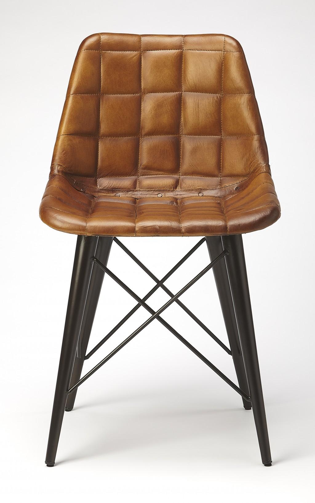 Stitched Squares Brown Leather Dining Chair