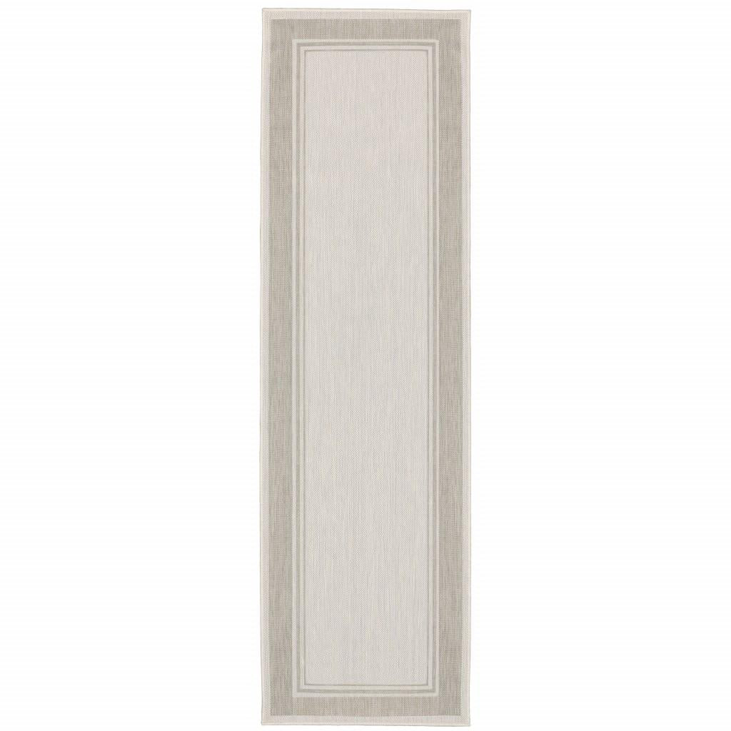 2’x7’ Ivory and Gray Bordered Indoor Outdoor Runner Rug