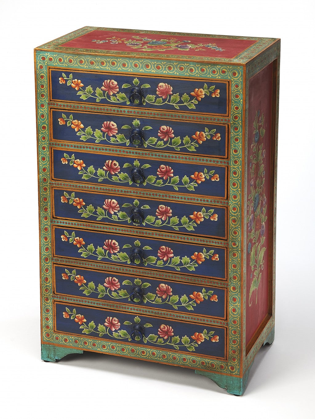 Red and Blue Hand Painted Seven Drawer Chest Default Title