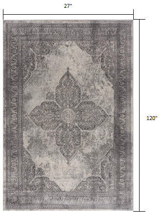 2’ x 10’ Gray Distressed Medallion Runner Rug