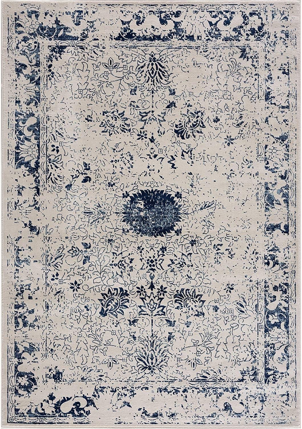 4’ x 6’ Navy Blue Distressed Floral Area Rug
