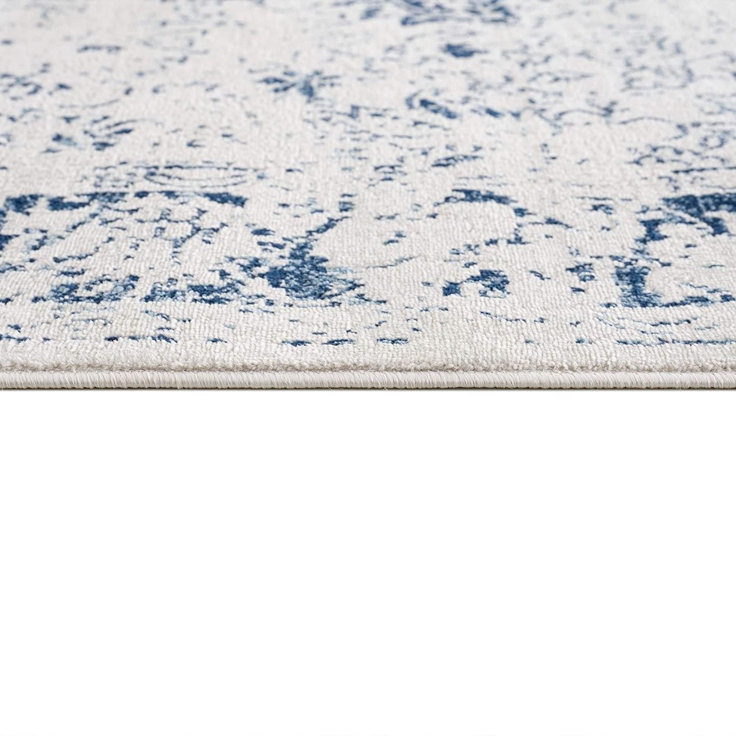 8’ x 11’ Navy Blue Distressed Floral Area Rug