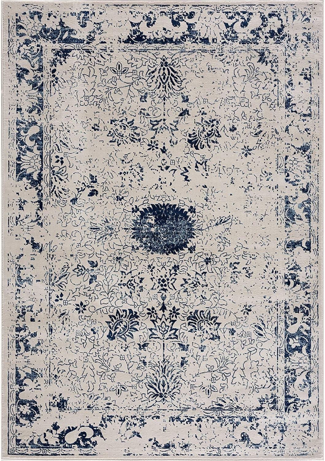 8’ x 11’ Navy Blue Distressed Floral Area Rug