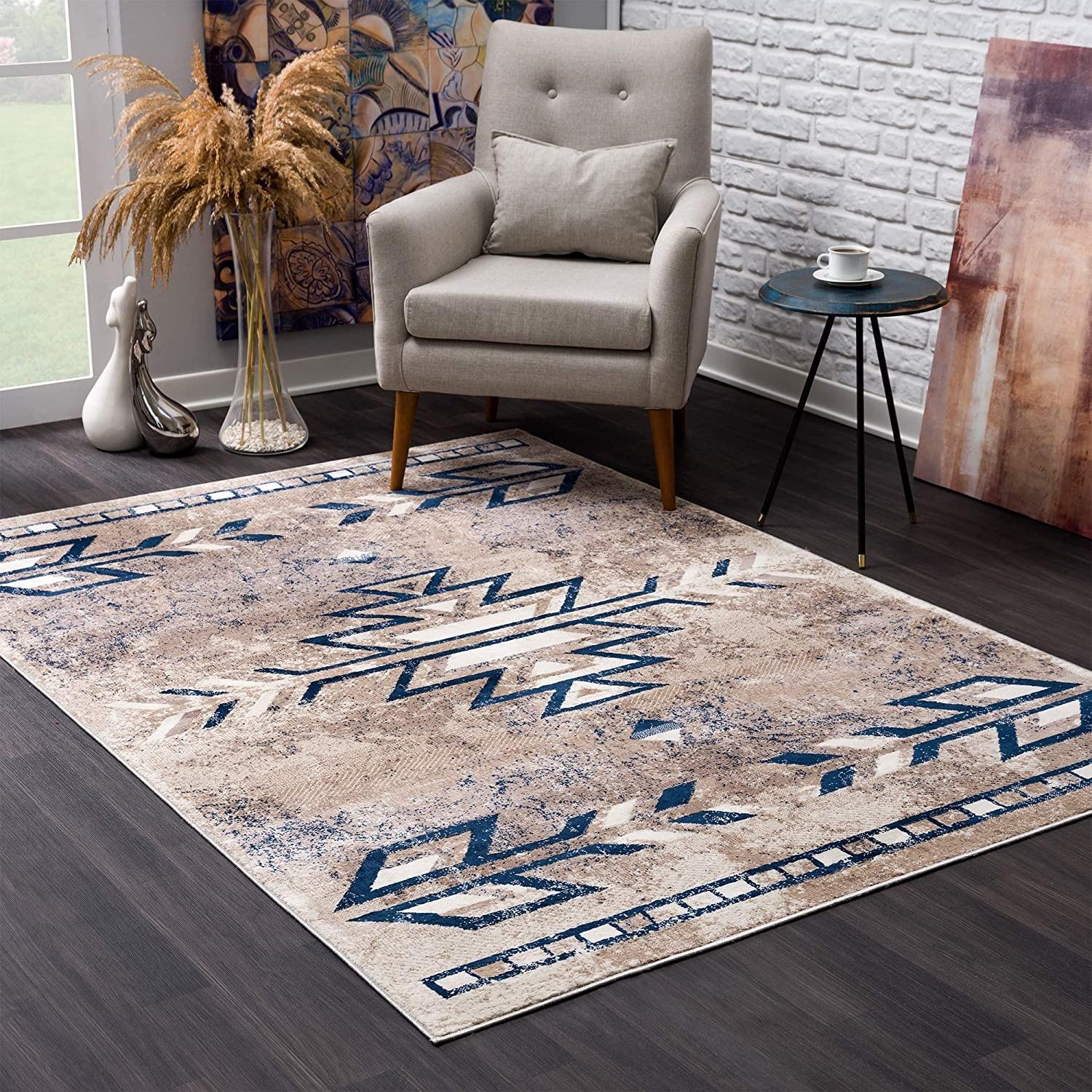 4’ x 6’ Beige and Blue Boho Chic Area Rug Default Title