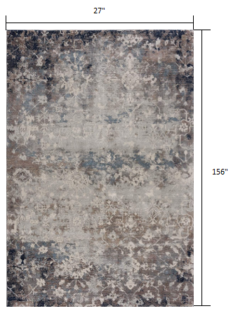 2’ x 13’ Navy and Beige Distressed Vines Runner Rug