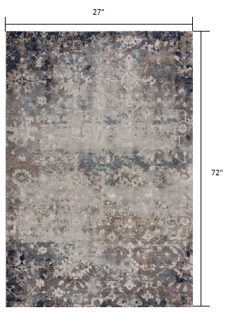 2’ x 6’ Navy and Beige Distressed Vines Area Rug