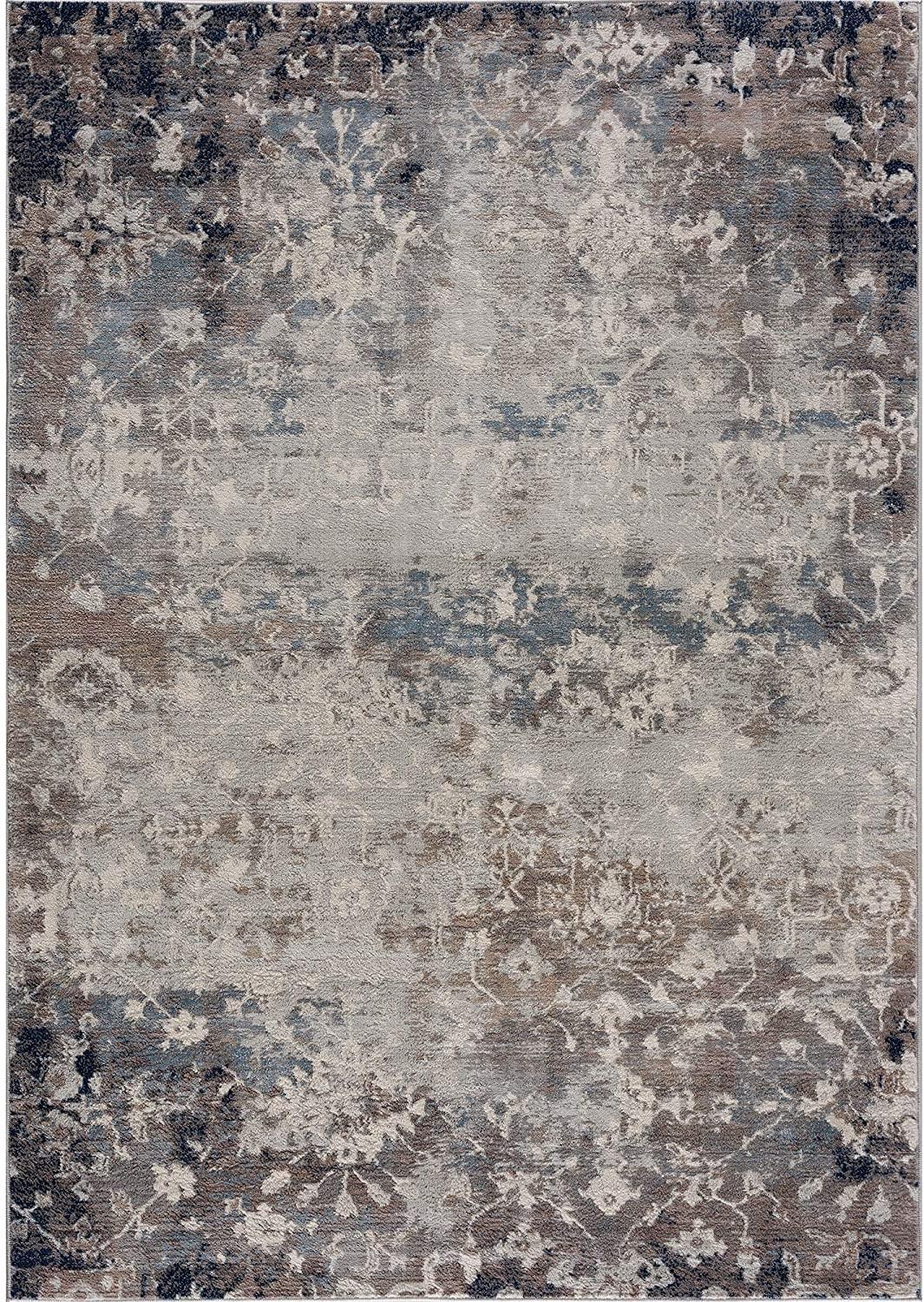 8’ x 11’ Navy and Beige Distressed Vines Area Rug