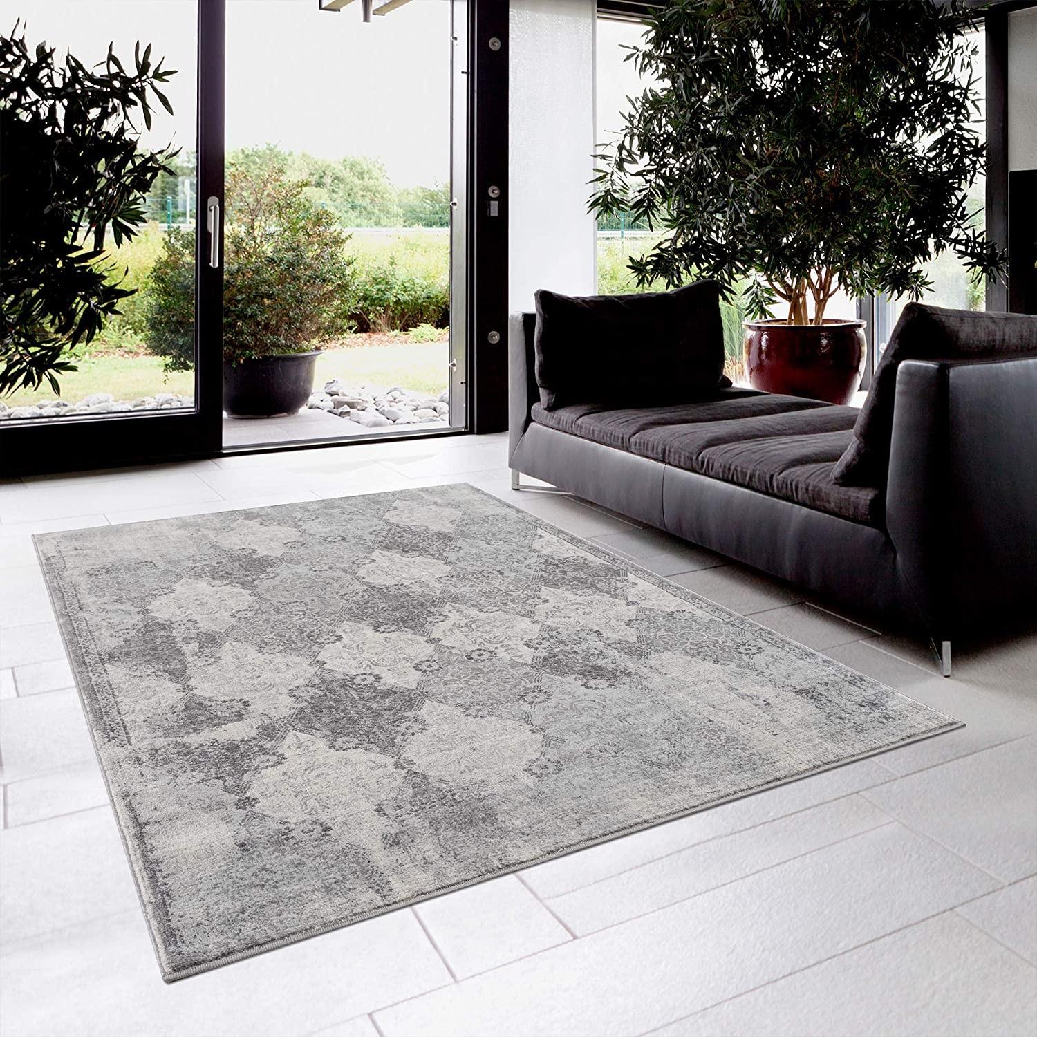 2’ x 5’ Gray Distressed Trellis Pattern Area Rug