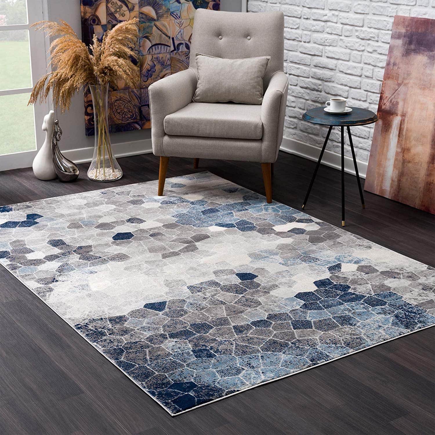 8’ x 11’ Navy Blue Cobblestone Pattern Area Rug