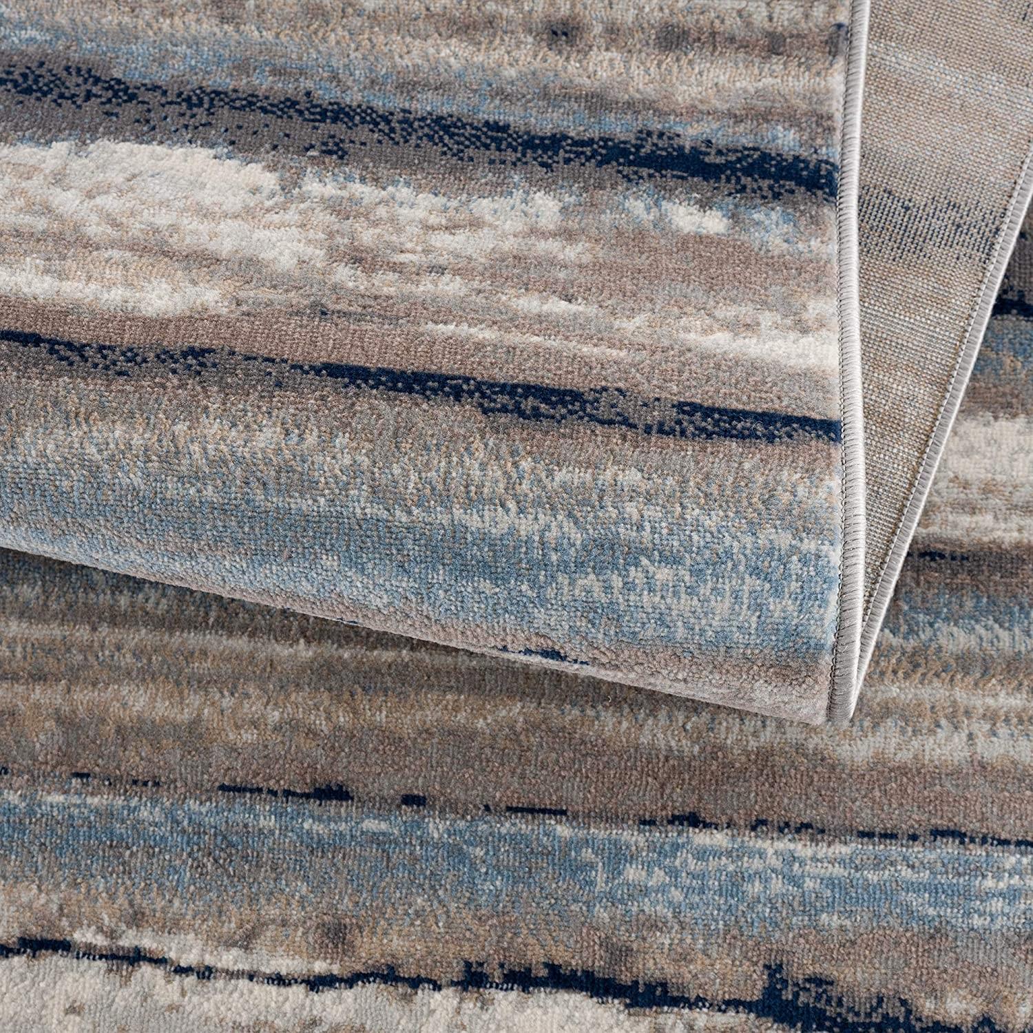 2’ x 10’ Blue and Beige Distressed Stripes Runner Rug