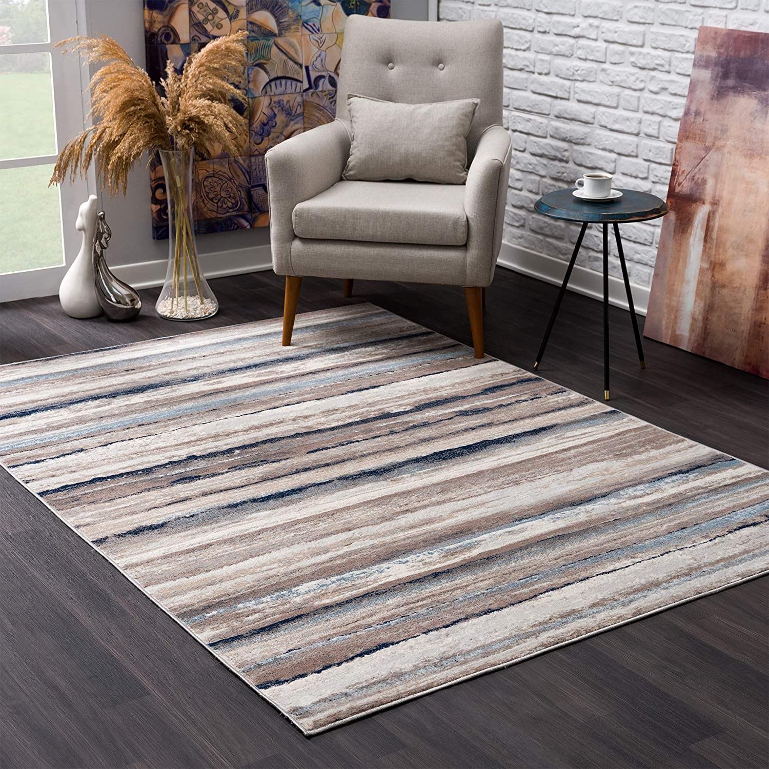 2’ x 3’ Blue and Beige Distressed Stripes Scatter Rug