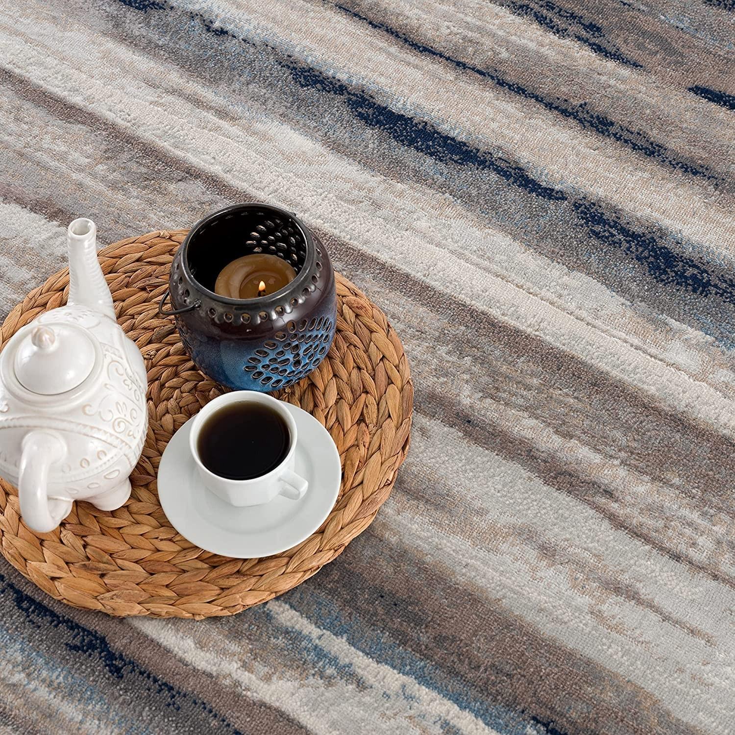 2’ x 6’ Blue and Beige Distressed Stripes Area Rug