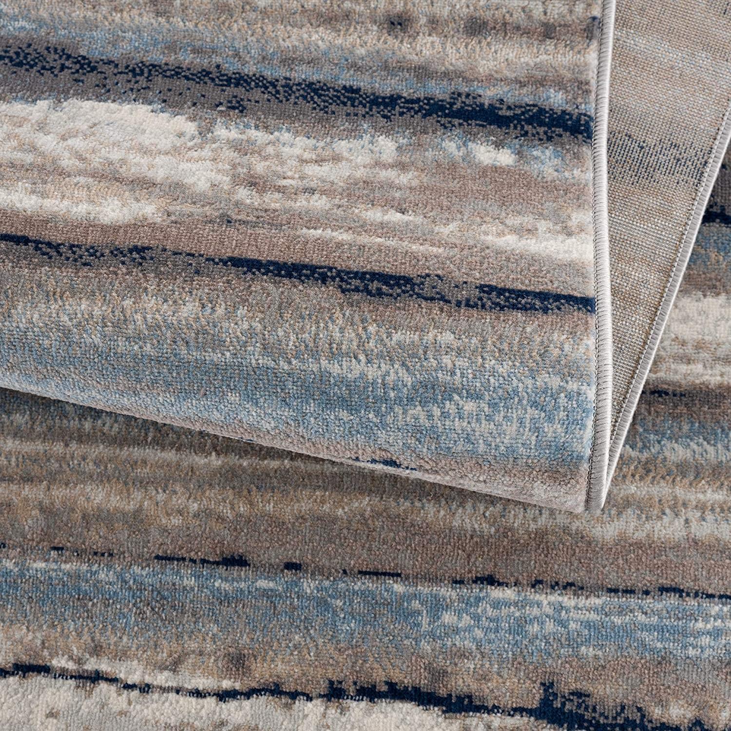 2’ x 6’ Blue and Beige Distressed Stripes Area Rug