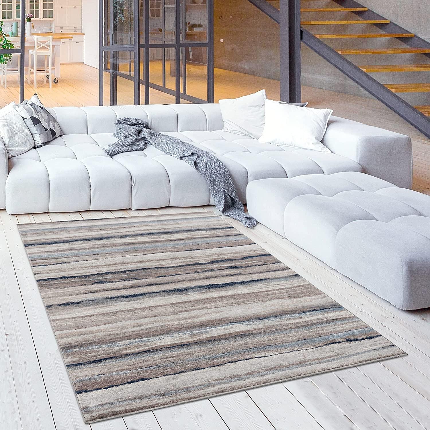 5’ x 8’ Blue and Beige Distressed Stripes Area Rug