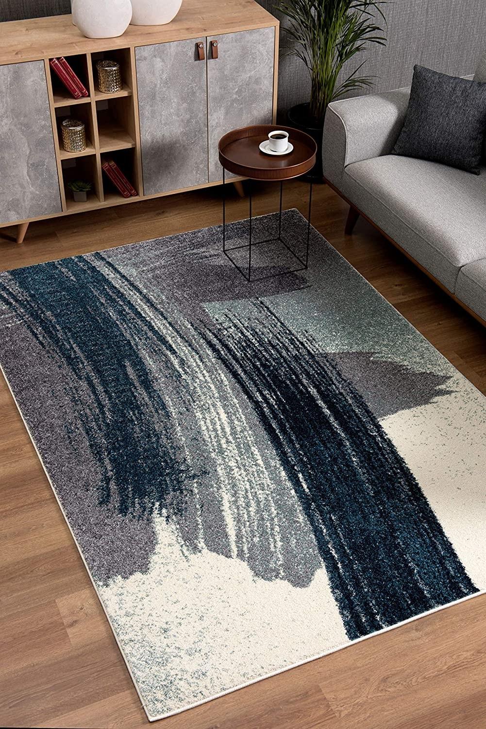 5’ x 8’ White and Blue Abstract Strokes Area Rug
