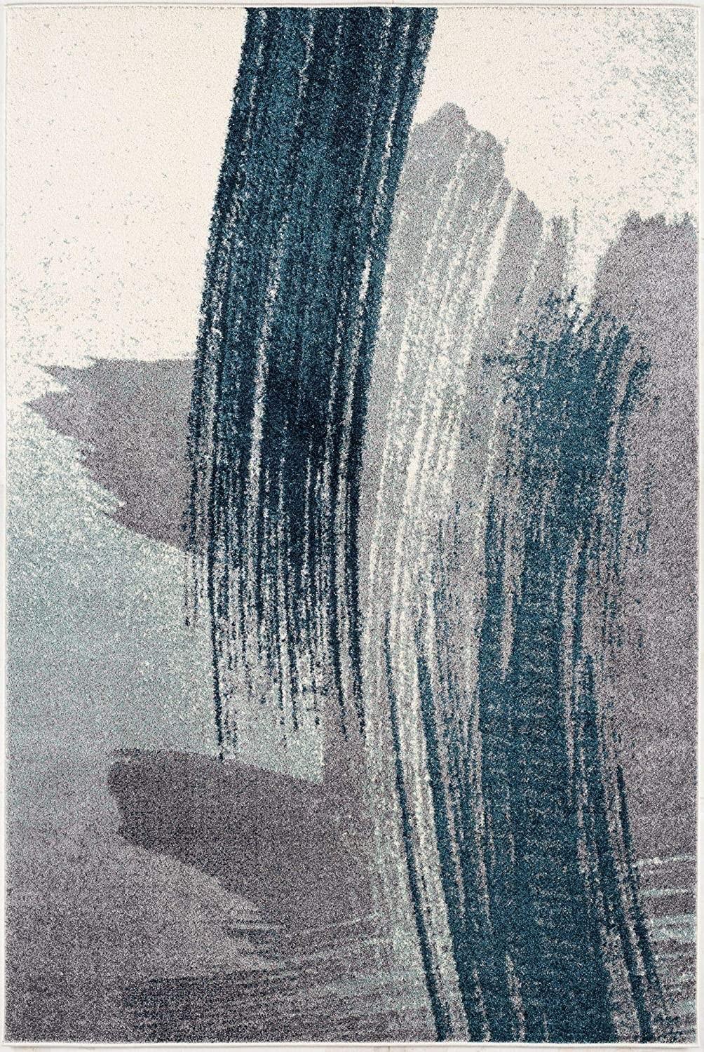 7’ x 9’ White and Blue Abstract Strokes Area Rug